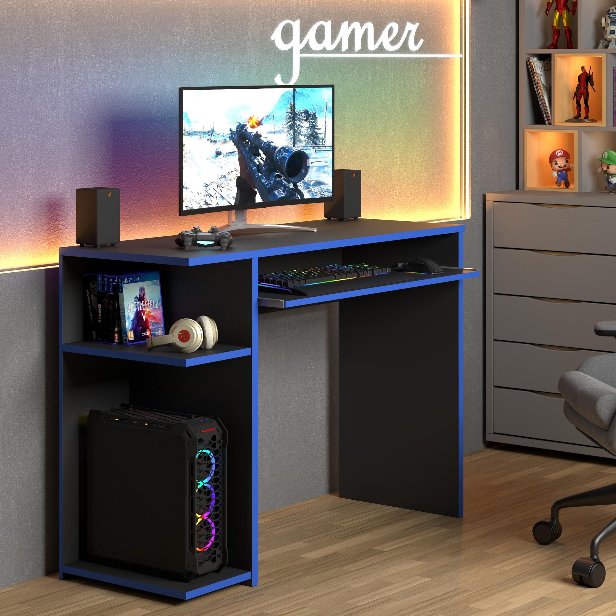 Mesa Gamer Escrivaninha para Computador com Prateleira Elevada para Cpu – Jm3 Móveis:preto/azul