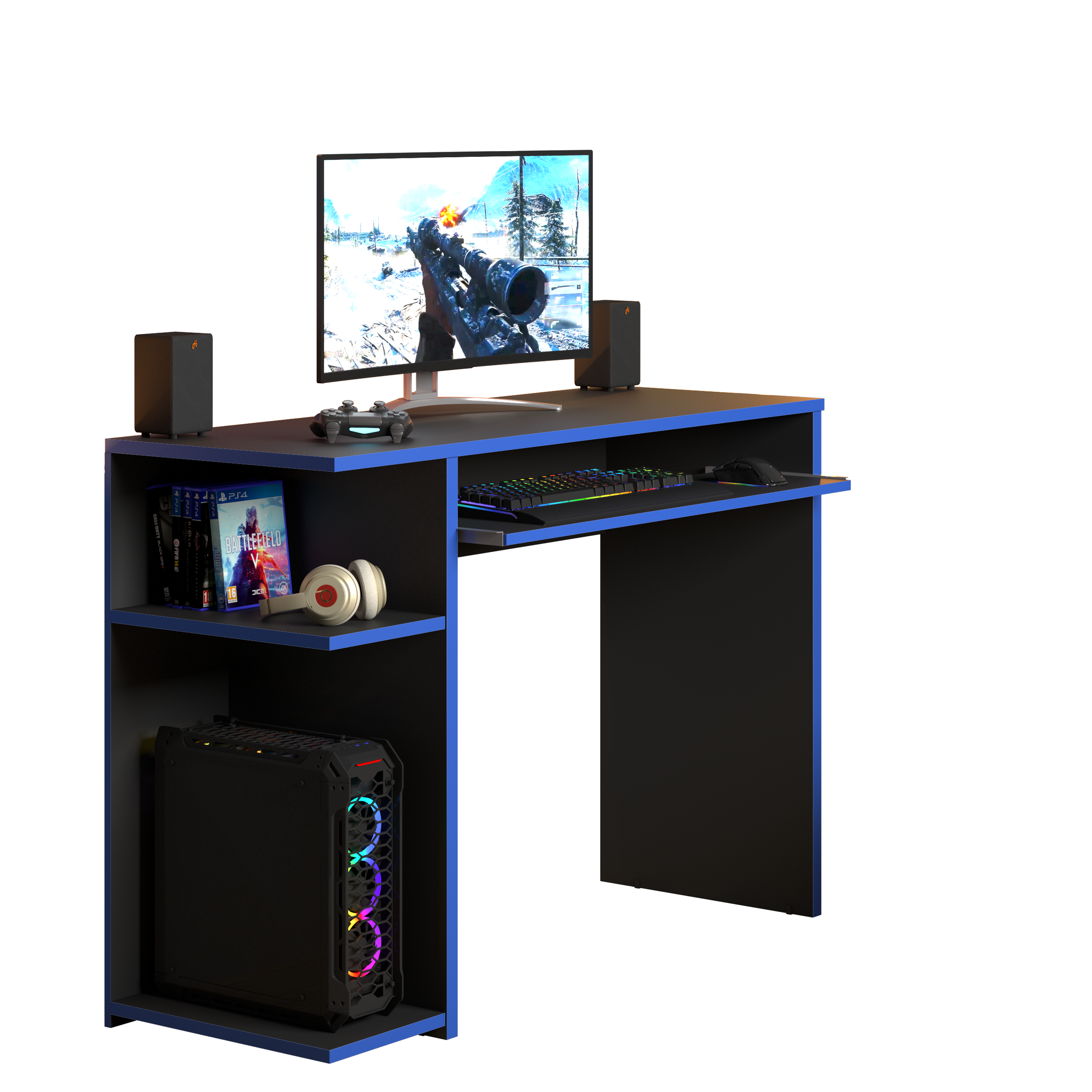 Mesa Gamer Escrivaninha para Computador com Prateleira Elevada para Cpu – Jm3 Móveis:preto/azul - 2