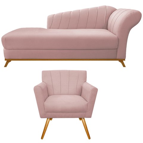 Kit Diva Recamier Vanessa 185cm Lado Esquerdo e 01 Poltrona Laura Suede Doce Sonho Móveis Rosê