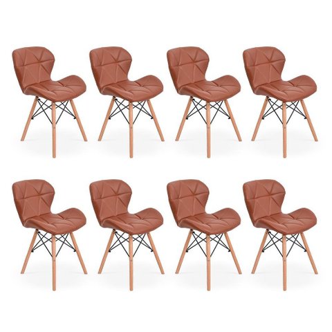 Kit 8 Cadeiras Charles Eames Eiffel Slim Wood Estofada - Marrom