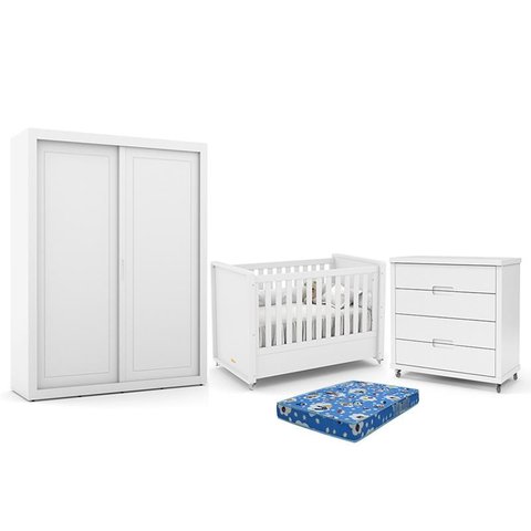 Dormitório Tutto New 2 Portas, Cômoda 4 Gavetas e Berço Branco Soft com Colchão - Matic Móveis