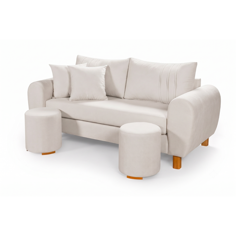 Sofa Living 180cm com Dois Puff Tecido Boucle Almofadas Soltas Pes em Madeira: Off White