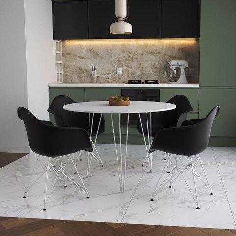 Mesa Jantar Redonda 110cm Branca Clips 3 Pés com 4 Poltronas Pretas Ferro Branco Branco