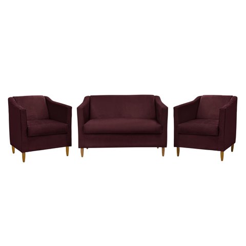 Kit Namoradeira e 2 Poltronas Titânio Suede Bordô