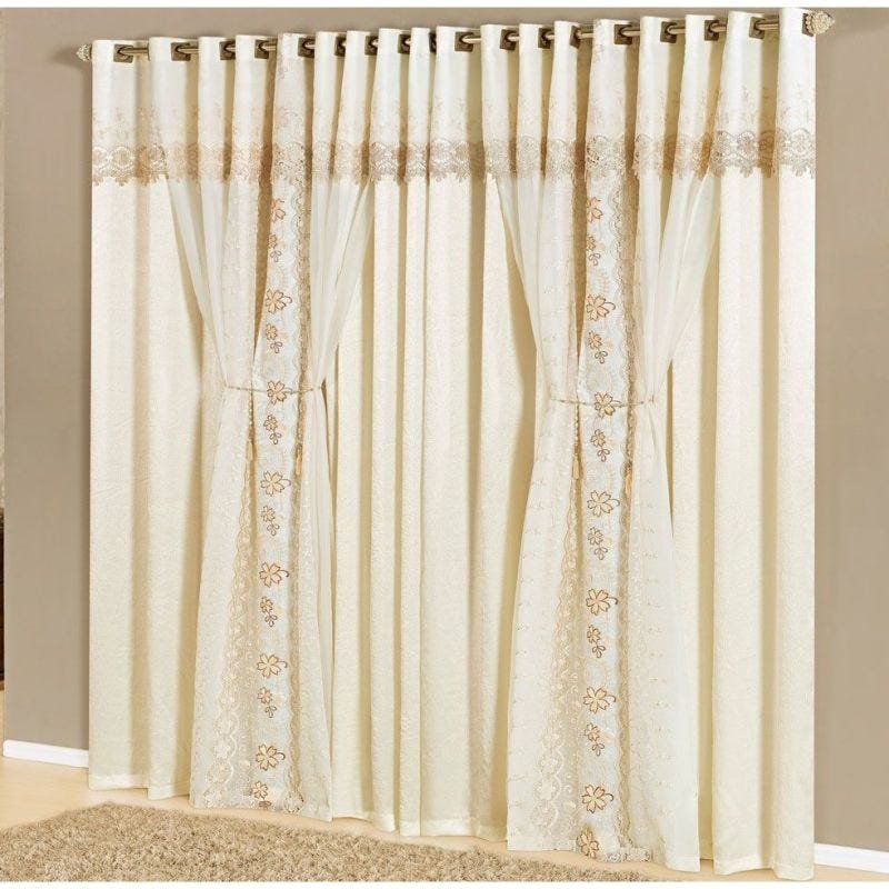 Cortina Nuance 4,00 m X 2,70 m Alt. - Tecido Seda e Voil Bordado - Palha - 1