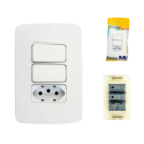 Interruptor 2 Seção + Tomada Simples 20amp 4x2 Margirius B3 - Branco