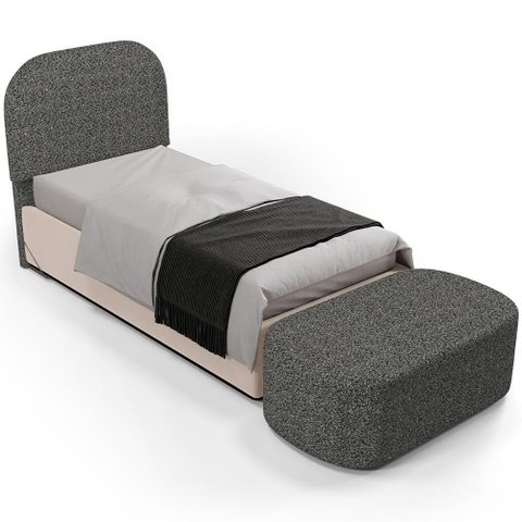 Cabeceira Cama Box Solteiro 100cm Lanna com Puff Recamier Doha W01 Linho Mescla Chumbo - Lyam Decor