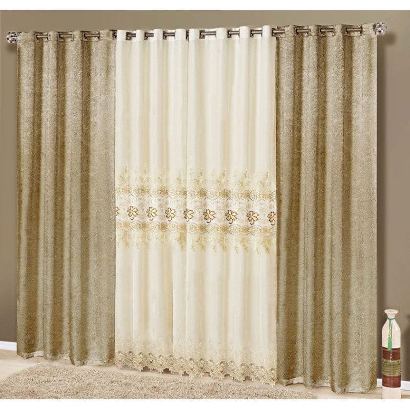 Cortina para Varão Flórida 3,00 m X 2,70 m Alt. - Tecido Seda e Voil Bordado - Prata - 1