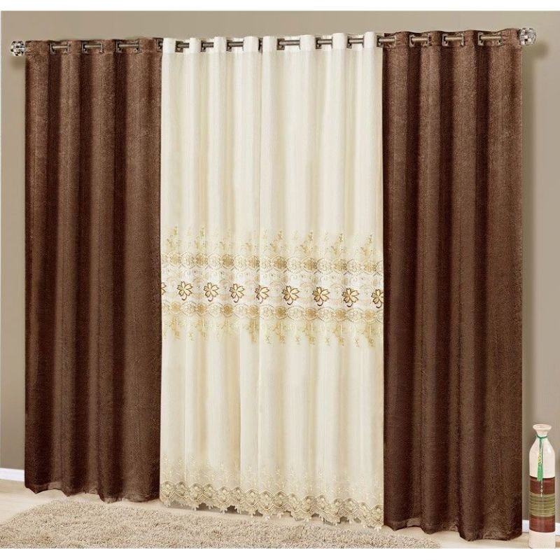 Cortina para Varão Flórida 3,00 m X 2,70 m Alt. - Tecido Seda e Voil Bordado - Tabaco - 1