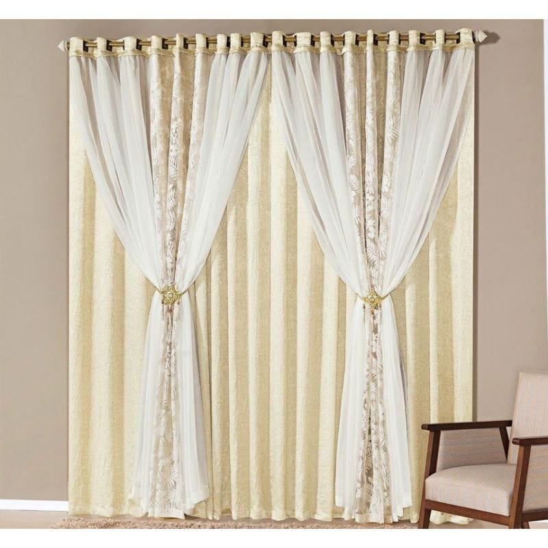 Cortina Amsterdam 3,00M x 2,50M - Tecido Seda Amassada e Voil Liso e Voil Devorê - Palha - 1