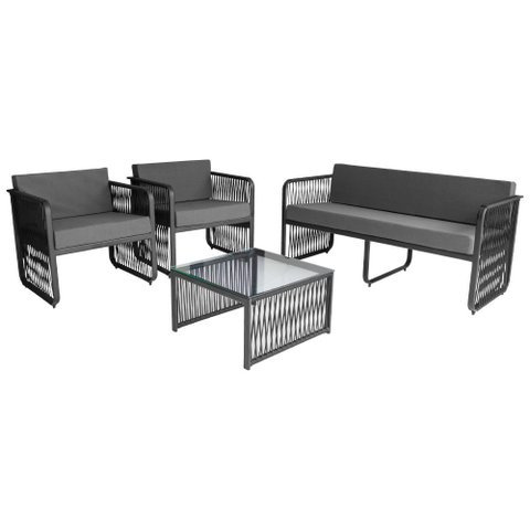 Conjunto 2 Poltronas 1 Namoradeira e 1 Mesa de Centro Santiago em Alumínio e Corda Náutica Acesse Mó