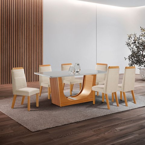 Conjunto de Jantar Mesa Maceió Tampo MDF e Vidro com 6 Cadeiras Catar Yescasa Bege/Castanho Cinamomo/Creme/Off White