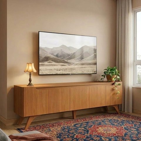 Rack para TV até 75 Polegadas 100% MDF com 4 Portas, 1 Gaveta e Pés Retrô 220x60,5x37,3cm