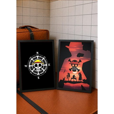 2 Quadros A3 One Piece Luffy c/ Vidro e Moldura Preta:A3