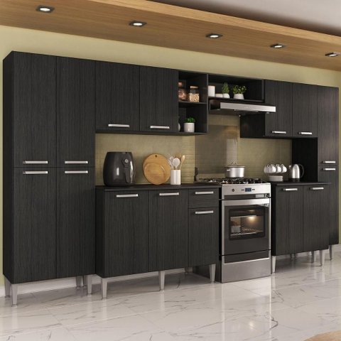 Armário Cozinha Modulada Completa 329,5cm Pequim Top Multimóveis Mp3754 Preto