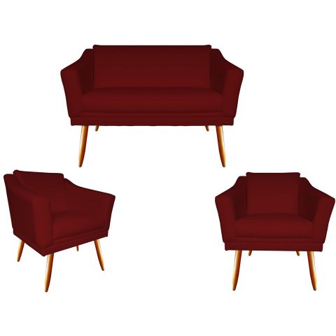 Kit Namoradeira + 2 Poltronas Decorativa Agatha Suede Marsala Pés Madeira Ms Decor