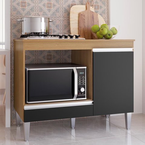 Balcão Cooktop Carla 105cm com 1 Porta Amêndoa/preto - Ajl Móveis