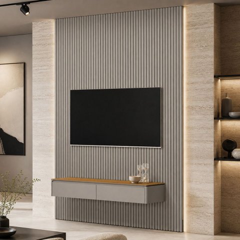 Painel Ripado para TV 75 pol com Bancada Suspensa Orgânica 180cm Slats L05 Tauari Gris Fosco - Lyam 