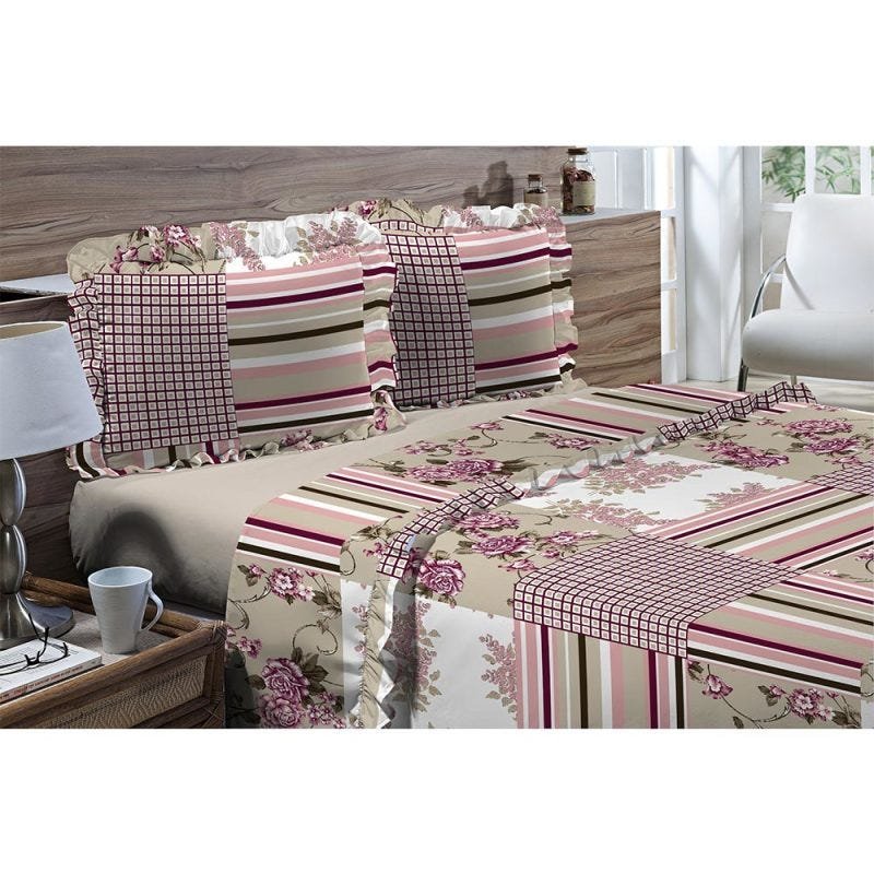 Jogo de Cama Casal 180 fios Romantique Patchwork Nude 4 peças Textil Lar - 1