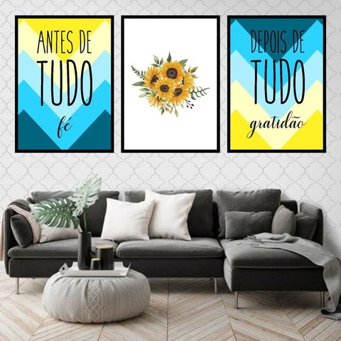 Kit 3 Quadros Fé e Gratidão Girassol 24x18cm - com vidro:Madeira preta