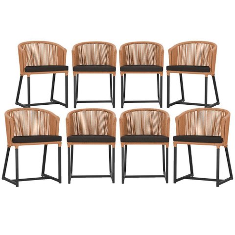 8 Cadeiras de Jantar Área Noronha em Alumínio com Pintura Preta Corda Náutica Estofado 9 Trama Origi
