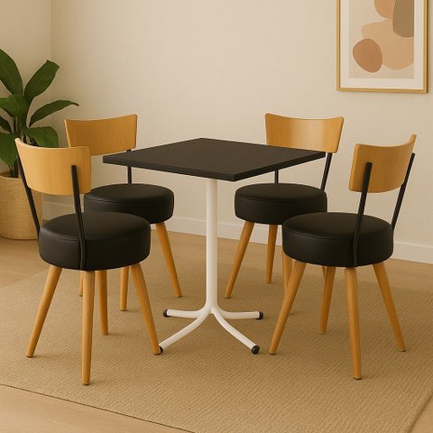 Mesa de Jantar Quadrada 70cm Branca Tampo Preto com 4 Cadeiras Estofada Preta Encosto Madeira Urban