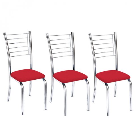 Kit 3 Cadeiras Iara Cromada para Cozinha - Corino Vermelho