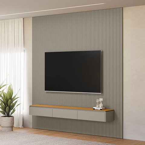 Painel Ripado Modular 258cm Ozero Mdp/mdf Nicho Arredondado Gris/tauari Fosco G77 - Gran Belo