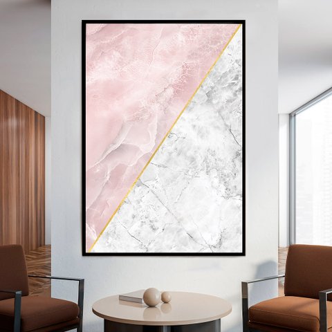 Quadro Decorativo Geométrico Mármore Rosa e Branco em Moldura Caixa Tacolado Moldura Trad 1cm Branca