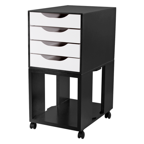Organizado de Escritório Gaveteiro Easy Box MDF 4 Gavetas com Rodízios Preto Black Piano / Branco