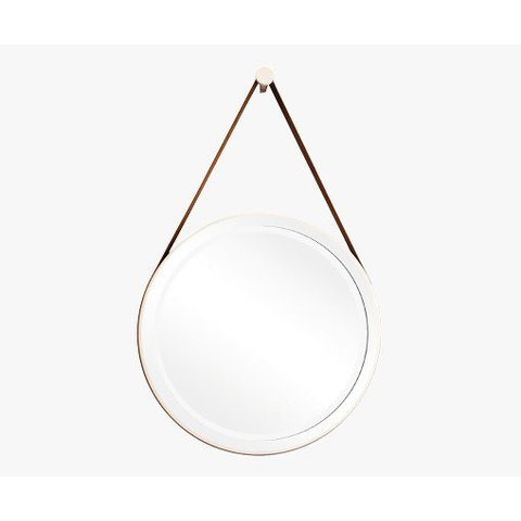 Espelho Decorativo Adnet Branco Alça Corino Caramelo Led Amarelo 50cm Redondo