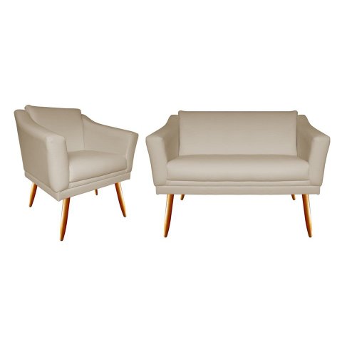 Kit Namoradeira + 1 Poltrona Decorativa Agatha Suede Bege Pés Madeira Mz Decor