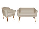 Ver imagem 1 de Kit Namoradeira + 1 Poltrona Decorativa Agatha Suede Bege Pés Madeira Mz Decor