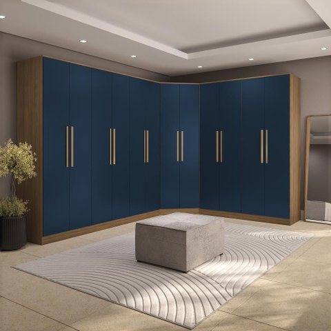 Guarda Roupa Casal Quarto Modulado Adapt em L 12  Portas 14 Gavetas 342cm x 263cm  Nogueira Azul Profundo- Kappesberg