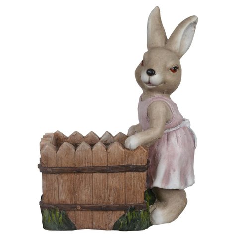 Escultura Coelha C/cesta e Vestido Rosa Cerâmica 44x32x19cm
