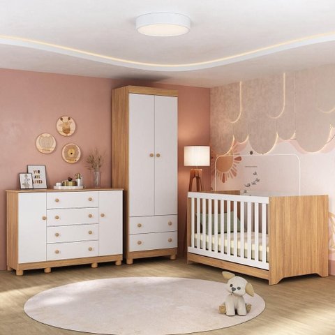 Quarto de Bebê Completo com Berço Americano 3 em 1 Allegra Multimóveis Mp4594 Madeirado/branco