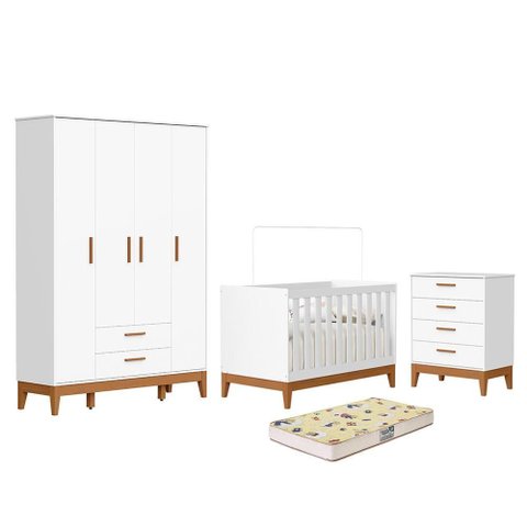 Dormitório Infantil Flip Guarda Roupa 4 Portas, Cômoda 4 Gavetas e Berço Branco Fosco com Colchã