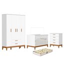 Ver imagem 1 de Dormitório Infantil Flip Guarda Roupa 4 Portas, Cômoda 4 Gavetas e Berço Branco Fosco com Colchã