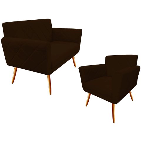 Kit Namoradeira + 1 Poltrona Decorativa Sabrina Suede Marrom Pés Madeira Ms Decor