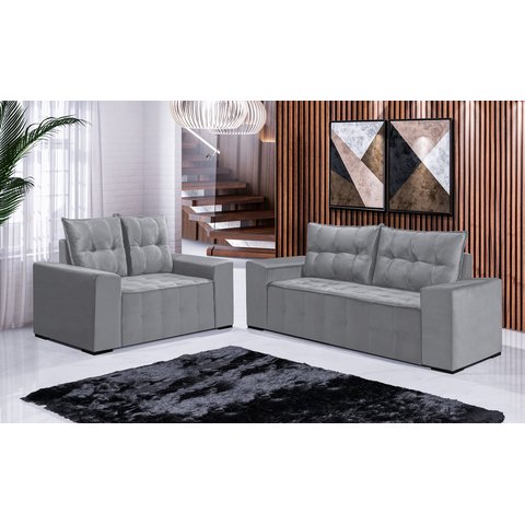 Conjunto Sofá de Veludo 3 e 2 Lugares Estilo Estofados Las Vegas 2,00x1,50m "prata"