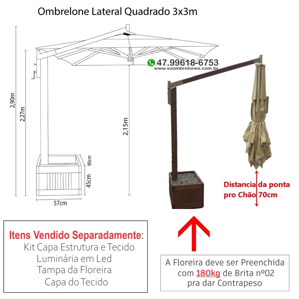 Ombrelone c/Floreira 3x3m Lateral Quadrado CREME - 3