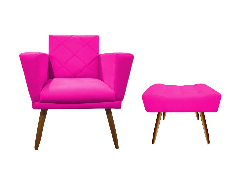 Kit Poltrona Decorativa Samanta + Puff Retangular Couro Rosa Pink Pés Madeira Ms Decor