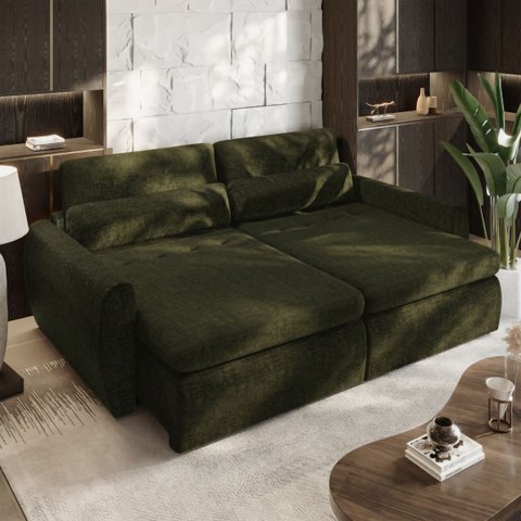 Sofá sem Caixa Orgânico Charlie 3 Lugares em Linho Turco Retrátil e Reclinável Vira Cama 2,10 Verde
