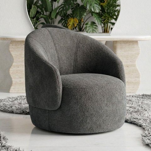 Poltrona Saara Giratória Orgânica Bouclê Sala de Estar Cinza Escuro Desk Design