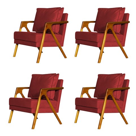 Kit 4 Poltronas Cadeira Marilia Recepção - Veludo Vermelho