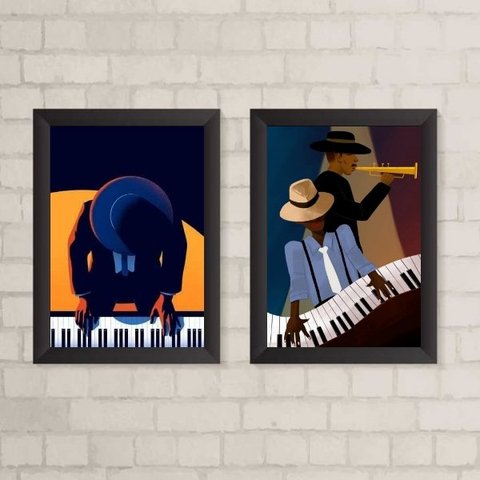 Kit 2 Quadros Decorativos Homem Tocando piano 24x18cm - com Vidro:madeira Branca