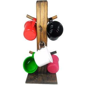 Suporte Rústico com 6 Canecas de Café em Alumínio Esmaltadas - Coloridas