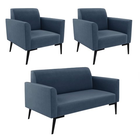 Sofá Namoradeira com 2 Poltronas Pés Villach Marisa Suede D03 - D'Rossi Azul Marinho