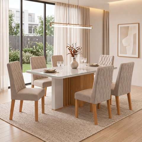 Conjunto Sala de Jantar 6 Lugares Retangular Tampo Vidro/MDF 170cm Mesa Astrid com Cadeiras Luar Bege Amêndoa Clean/Off White/Rinzai Bege