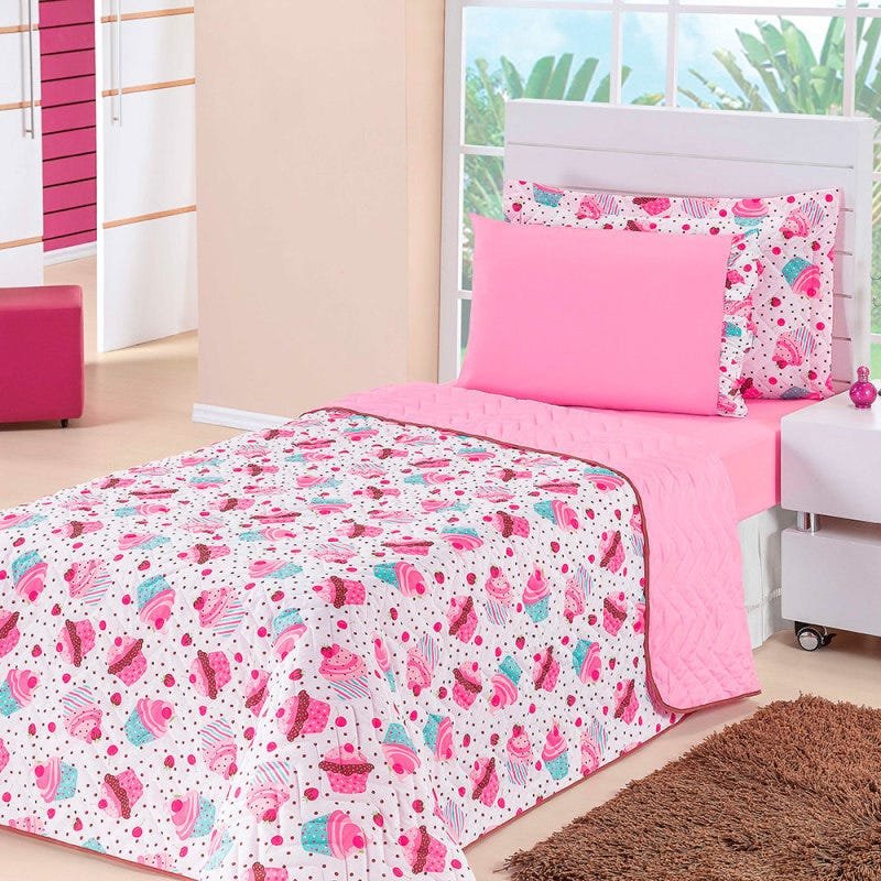 Ver imagem 1 de Kit Colcha Solteiro Kids Dupla Face Cupcake 4 Peças Rosa